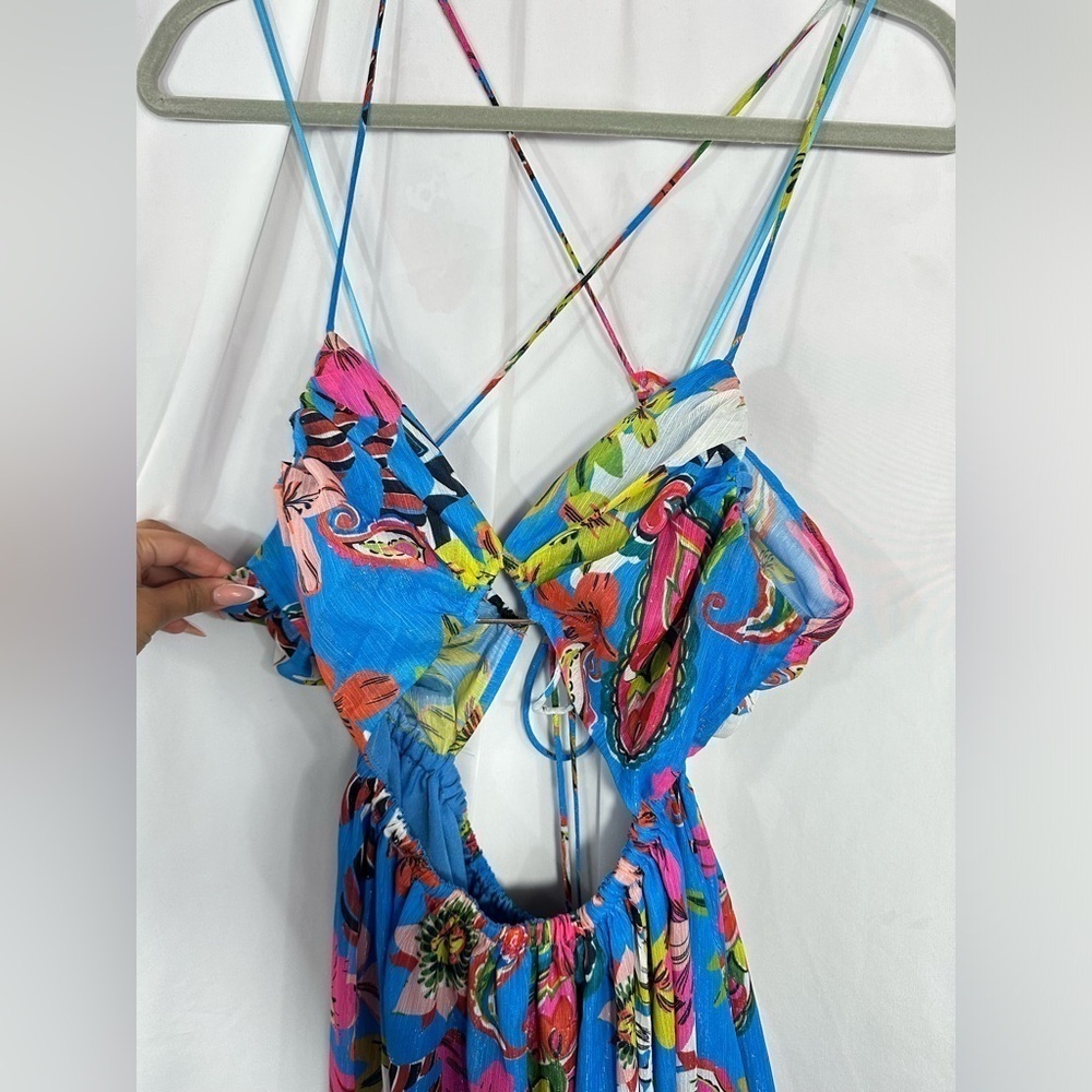 Fashion Nova Rio tropical blue floral maxi dress with leg slit size S - Picture 4 of 10